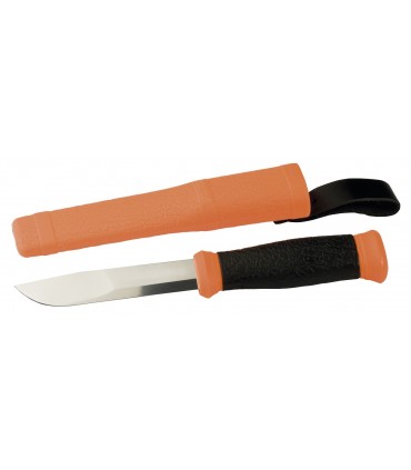 Morakniv 12057 Poignard Mora 2001, lame 11 cm inox, manche gomme noir, étui rigide orange.