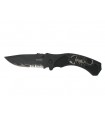 Crossnar 10871 Couteau, lame noire semi-dentée acier 440, manche 12 cm alu grillagé, décor scorpion