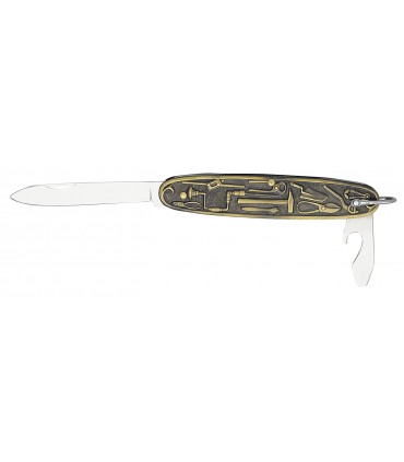 Manufacturer 1175 Canif Navette 2 pièces inox (lame, ouvre-boîtes), manche 8,5 cm laiton, motif Bricolage