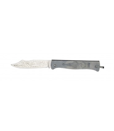 Douk Douk 1815 Couteau,  lame acier de 8,5 cm carbone forgée et gravée, manche 11 cm métal bronze d'arme,  avec bélière