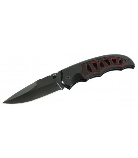 Herbertz 223711 Couteau, lame noire acier 420 à cran intérieur et à bouton double, manche 11 cm G10 noir filet rouge au recto
