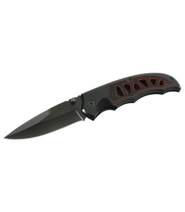 Herbertz 223711 Couteau, lame noire acier 420 à cran intérieur et à bouton double, manche 11 cm G10 noir filet rouge au recto
