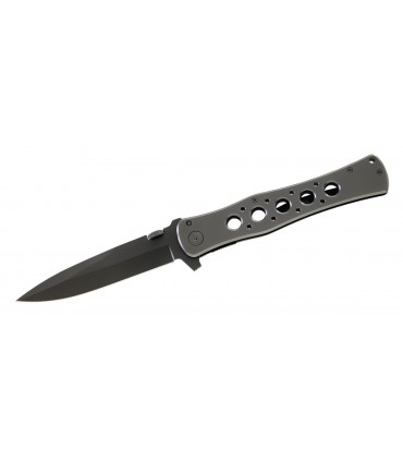 Herbertz 227815 Couteau, lame noire acier 420 à cran intérieur et à bouton plat, manche à trous 15 cm métal