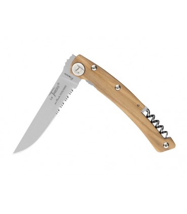 Cdozorme 4931.o Couteau Le Thiers, lame semi-dentée acier X50CrMoV15 à cran intérieur, tire-bouchon), manche 12,5 cm olivier.
