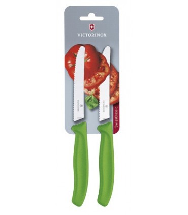Victorinox 6.7836.l114b Carte de 2 couteaux de table/tomates, lame crantée 11 cm inox, bout rond, manche polypropylène vert.