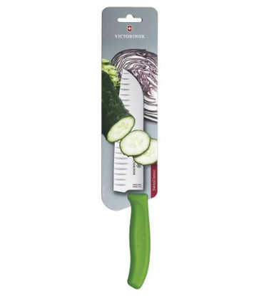 Victorinox 6.8526.17l4b Couteau Santoku, lame alvéolée 17 cm inox, manche polypropylène vert, sur carte.