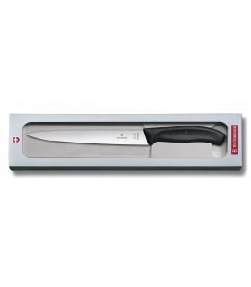 Victorinox 6.8713.20g Couteau Santoku Dénerver/A Filet de Sole, lame flexible 20 cm inox, manche polypropylène noir, sur carte.