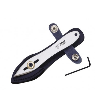 Cudeman 3179 Couteau, tout inox, lame 4 cm, étui cuir avec clé (longueur totale : 15 cm).