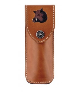 Max Capdebarthes 44812 Etui randonneur, cuir fauve, port hor/vert. motif sanglier, pour couteaux forts jusqu'à 12 cm de manche.