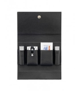 Merkur Solingen 46.002 Rasoir démontable chromé, manche alu (modèle de voyage) étui cuir. Livré un distributeur de 10 lames.