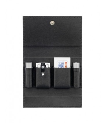 Merkur Solingen 46.002 Rasoir démontable chromé, manche alu (modèle de voyage) étui cuir. Livré un distributeur de 10 lames.