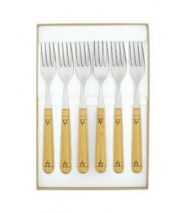 Nontron 87601 Coffret 6 fourchettes table NONTRON, acier inox T12, 20 cm, manche rond en buis pyrogravé.
