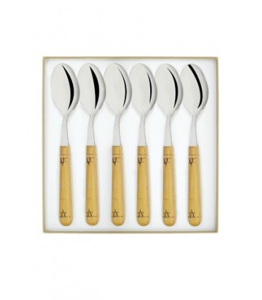 Nontron 87602 Coffret 6 cuillers table NONTRON, acier inox T12, 20 cm, manche rond en buis pyrogravé