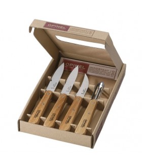 Opinel  958 Coffret de 4 Couteaux, inox, manche hêtre Les essentiels du cuisinier  2 cx d'office, 1 bec d'oiseau, 1 éplucheur