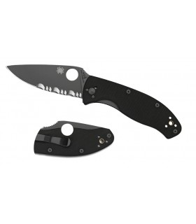 Spyderco c122gbbkps Couteau Tenacious, lame noire semi-dentée acier 8Cr13MoV, profil plat, manche 11 cm G10 noir
