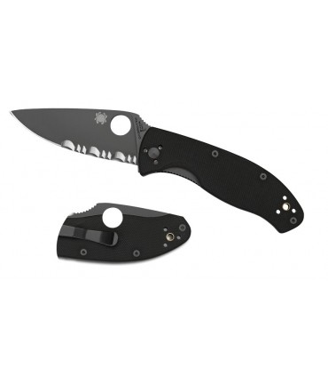 Spyderco c122gbbkps Couteau Tenacious, lame noire semi-dentée acier 8Cr13MoV, profil plat, manche 11 cm G10 noir