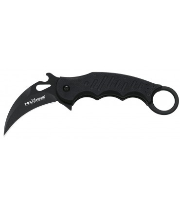 Fox Production fx.599 Couteau Karambit, lame Hawkbill noire acier N690Co à trou, manche 10 cm (12 cm avec anneau) G10 noir