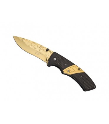 Herbertz 567212 Couteau, lame acier 3Cr13MoV doré brillant motif  tête de mort, manche 12 cm (recto : bois insert acier doré