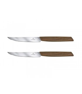 Victorinox 6.9000.12g Set de 2 couteaux steak Swiss Modern, lame lisse 12 cm, manche noyer. Présentation en boîte cadeau.