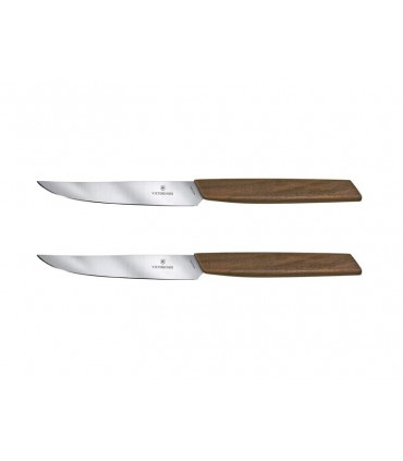 Victorinox 6.9000.12g Set de 2 couteaux steak Swiss Modern, lame lisse 12 cm, manche noyer. Présentation en boîte cadeau.