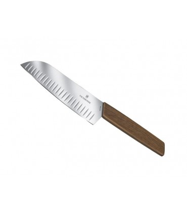 Victorinox 6.9050.17kg Couteau Santoku Swiss Modern, lame alvéolée 17 cm, manche noyer. Présentation en boîte cadeau.