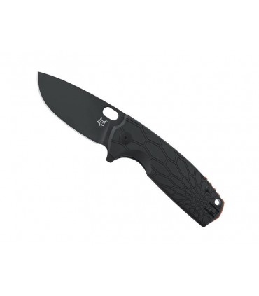 Fox Production fx.604b  lame noire à trou acier N690Co avec « flipper » et cran intérieur, manche 11 cm FRN noir,