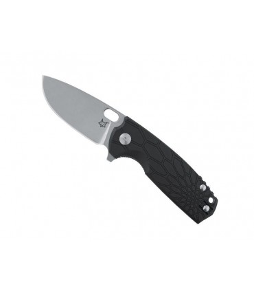 Fox Production fx.604, lame à trou acier N690Co finition « stonewashed » avec « flipper », manche 11 cm FRN noir