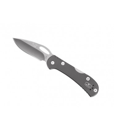 Bück 7726.gys Couteau mini spitfire, lame acier 420 à trou et à cran, manche 9,5 cm aluminium anodisé gris, entretoise verte