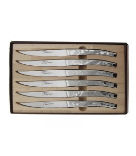 Le Thiers 10106 Coffret 6 couteaux table monobloc forgés par ROGER ORFEVRE, microdentés, 23 cm, tout inox, décors « Natura ».