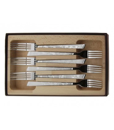 Le Thiers 10106.f Coffret 6 fourchettes, 20 cm, tout inox. Décors « Natura » sur manches réalisés par microbillage sélectif