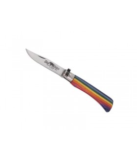 Old Bear 313.m Couteau, lame acier 420 revêtement PTFE noir, 11 cm bois d'ayous stratifié multicolore.