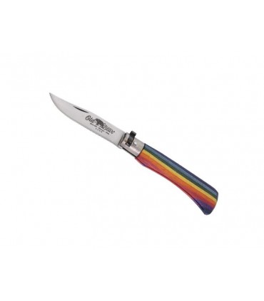 Old Bear 313.m Couteau, lame acier 420 revêtement PTFE noir, 11 cm bois d'ayous stratifié multicolore.