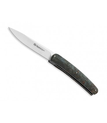 Maserin 380.rb Couteau, lame acier M390 Bohler satiné avec « flipper » manche 12 cm bois érable stabilisé bleu marbré
