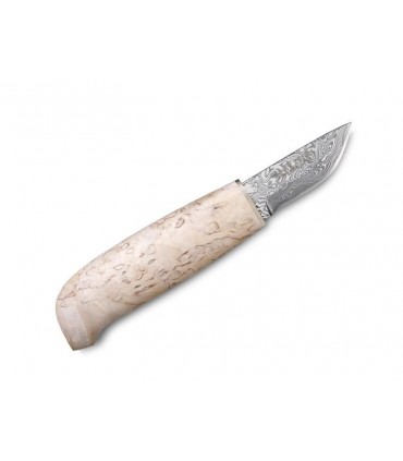 Marttiini 558010 Poignard, lame 6 cm acier damas, manche  6 cm bois bouleau,étui cuir blanc, en coffret cadeau bois