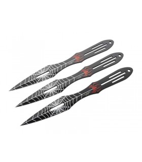 Herbertz 584500 Jeu de 3 couteaux lancer,  tout acier 420 noir avec motif arraignée, lame 9,5 cm, étui nylon noir