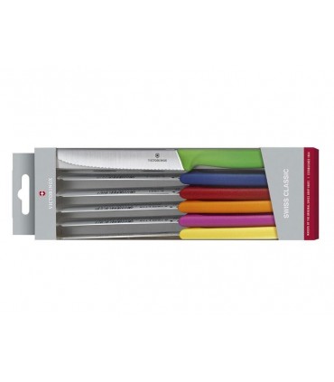 Victorinox 6.7839.6g Coffret 6 couteaux de table/tomates, lame crantée 11 cm inox, bout rond, manche polypro. couleurs assorties