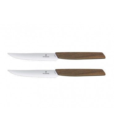 Victorinox 6.9000.12wg Set de 2 couteaux steak Swiss Modern, lame dentée 12 cm, manche noyer. Présentation en boîte cadeau.