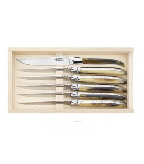 G.David 888.23 Coffret 6 couteaux table Laguiole G. DAVID, 23 cm, inox, manche façon corne blonde, mitre inox brillant