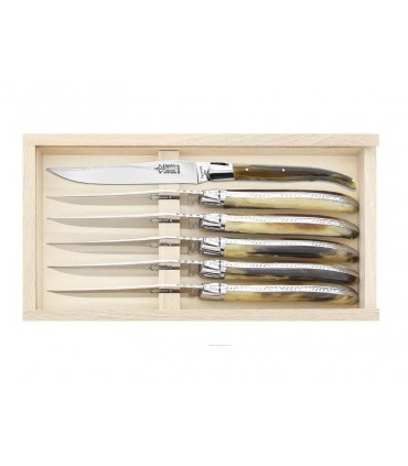 G.David 888.23 Coffret 6 couteaux table Laguiole G. DAVID, 23 cm, inox, manche façon corne blonde, mitre inox brillant