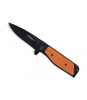 Marttiini 970240 Couteau, lame noire acier 8Cr13MoV avec « flipper » et cran intérieur, manche 10 cm G10 orange
