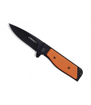 Marttiini 970240 Couteau, lame noire acier 8Cr13MoV avec « flipper » et cran intérieur, manche 10 cm G10 orange