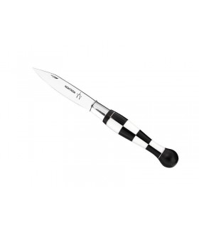 Nontron 87407 couteau n° 25, lame acier T12 inox, manche boule 12 cm marqueterie damier ébène-corain blanc et noir