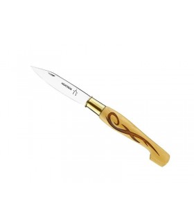 Nontron 87410 couteau n° 25, tatoo, lame acier T12 inox, manche sabot 12 cm buis pyrogravé, finition brillante