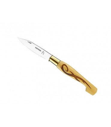 Nontron 87410 couteau n° 25, tatoo, lame acier T12 inox, manche sabot 12 cm buis pyrogravé, finition brillante