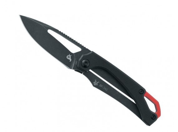 Black Fox bf.745 Couteau lame  à trous acier 440 c manche 8 cm g10 recto et acier inox verso, entretoise alu anodisé  noir/rouge