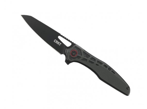 crkt 6290.cr Couteau  lame  acier 8Cr14MoV à trou manche 10,5 cm  fibre carbone nylon/fibre de verre, pivot anodisé rouge noir
