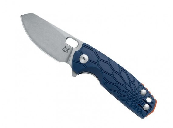 Fox Production fx.608bl Couteau  lame  à trou acier n690Co blackwash manche 8,5 cm  frn entretoise Alu anodisé orange bleu