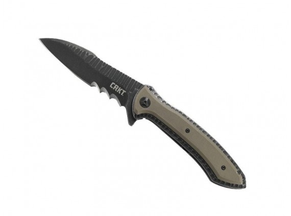 crkt 5381.cr CouteauE lame  semi-dentée acier 8Cr13MoV  manche 13 cm   acier inox martelé avec plaquettes G10  marron
