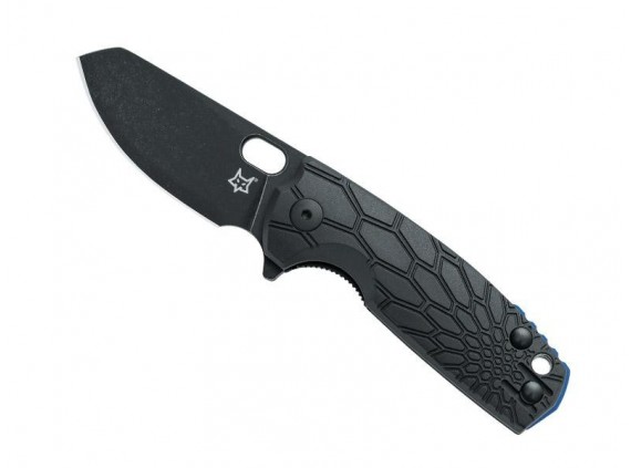Fox Production fx.608b Couteau  lame  à trou acier n690Co finition blackwash manche 8,5 cm  frn entretoise alu anodisé bleu noir