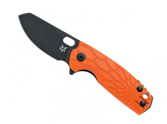 Fox Production fx.608or Couteau  lame  à trou acier n690Co finition blackwash manche 8,5 cm   frn orange
